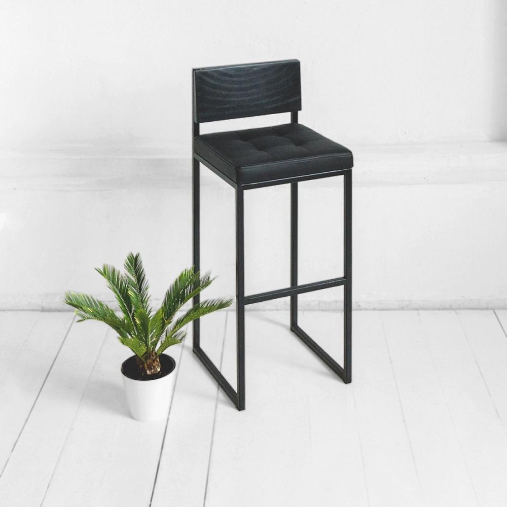 Барный стул шоколад с черной кожей со спинкой в черном цвете archpole